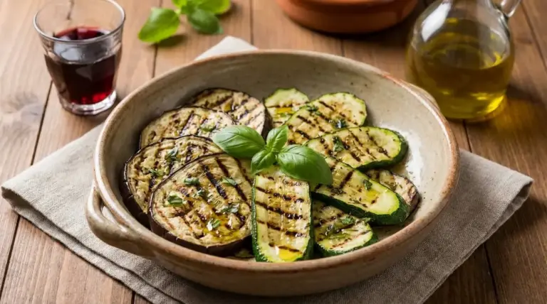 Ciotola con melanzane e zucchine grigliate condite con olio e basilico su tavolo di legno