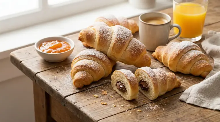 Cornetti fatti in casa con zucchero a velo su un tavolo di legno, accompagnati da caffè e succo d'arancia.