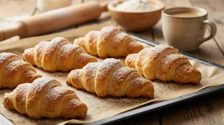 Cornetti sfogliati fatti in casa su una teglia, appena sfornati e spolverati di zucchero a velo