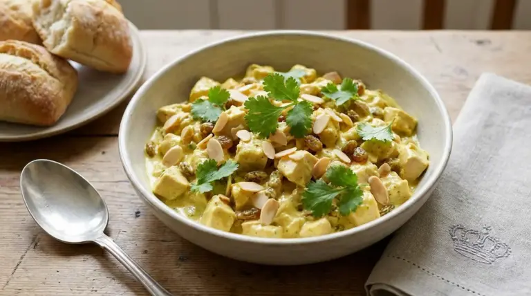 Ciotola di coronation chicken al curry con uvetta, mandorle a lamelle e coriandolo, servito con panini