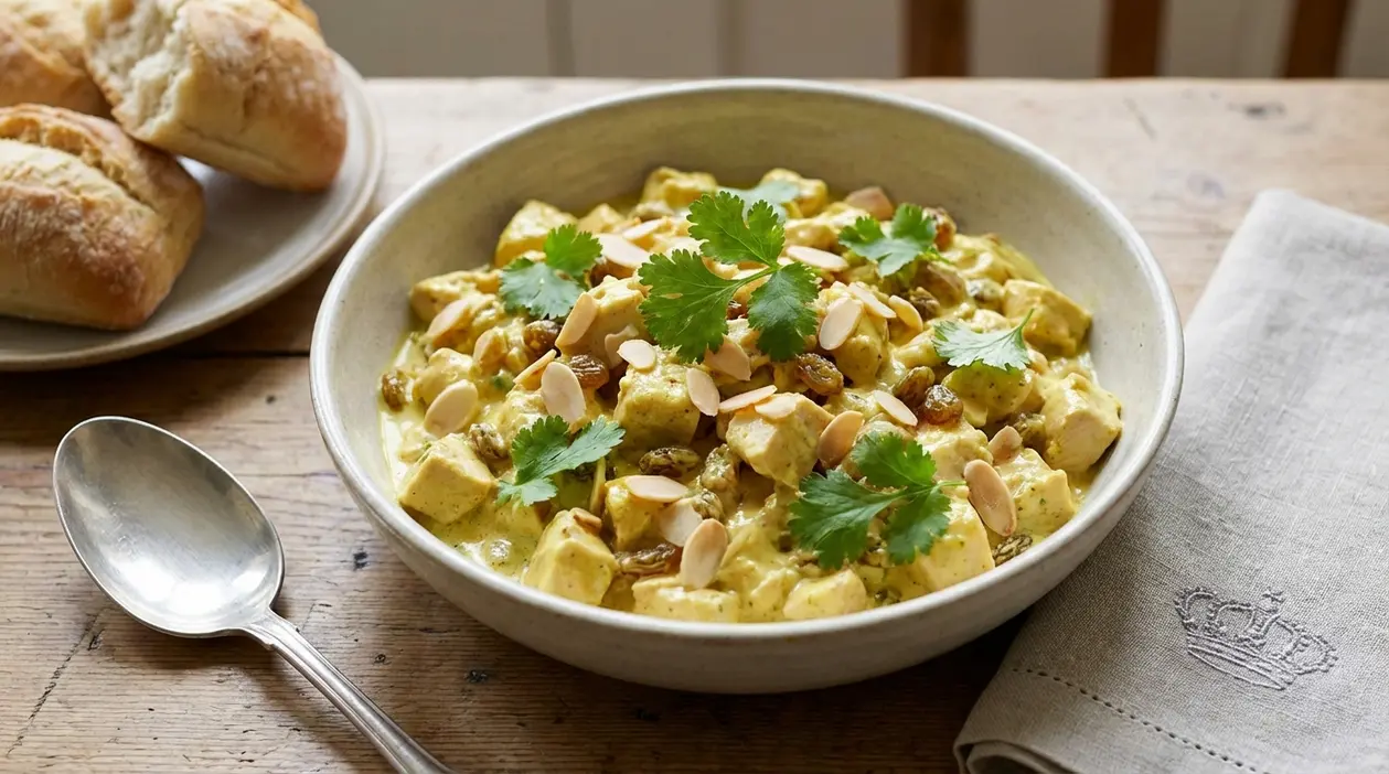 Ciotola di coronation chicken al curry con uvetta, mandorle a lamelle e coriandolo, servito con panini