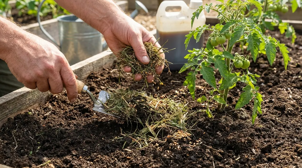 Mani che aggiungono materiale organico al terreno accanto a una pianta di pomodoro nell'orto