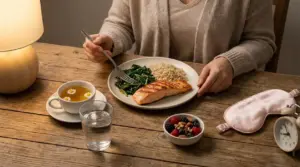 Cena leggera con salmone, riso integrale e verdure, tisana e mascherina per dormire sul tavolo