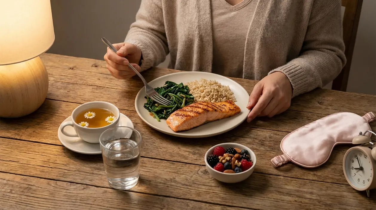 Cena leggera con salmone, riso integrale e verdure, tisana e mascherina per dormire sul tavolo