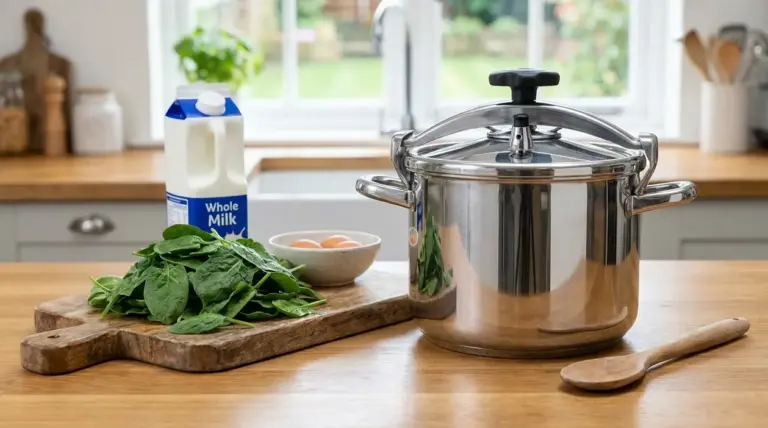 Pentola a pressione su un piano cucina con latte, uova e spinaci, alimenti da evitare in alcune preparazioni