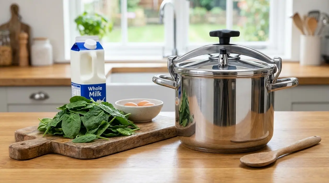 Pentola a pressione su un piano cucina con latte, uova e spinaci, alimenti da evitare in alcune preparazioni