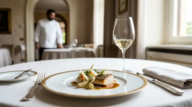 Piatto gourmet di pesce servito al tavolo con calice di vino bianco in una sala di ristorante stellato