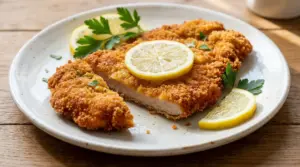 Cotoletta alla milanese croccante servita con fettine di limone e prezzemolo su un piatto bianco