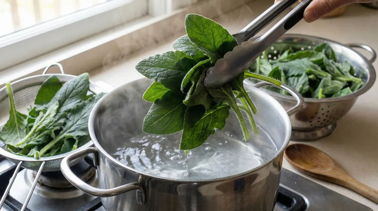 Foglie di borragine immerse in una pentola di acqua bollente su un fornello da cucina