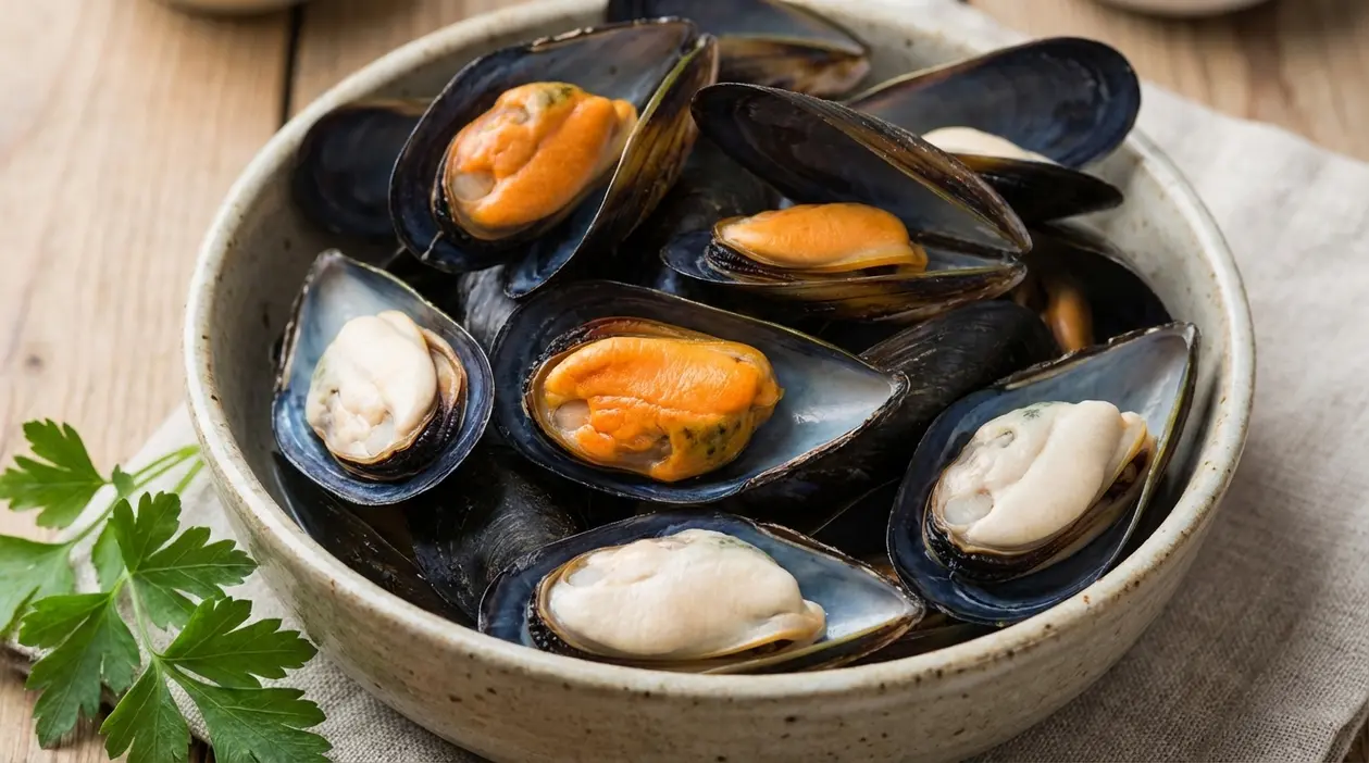 Cozze aperte in una ciotola, con polpa bianca e arancione a confronto