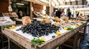 Cozze fresche esposte sul ghiaccio in un mercato del pesce all’aperto