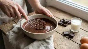Una persona mescola una crema al cioccolato con una frusta a mano in una ciotola