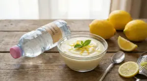 Crema al limone in una ciotola di vetro con limoni, cucchiaio e bottiglia su tavolo di legno