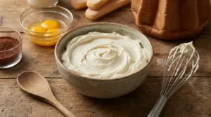 Crema al mascarpone in una ciotola con ingredienti come uova, cacao e savoiardi sul tavolo