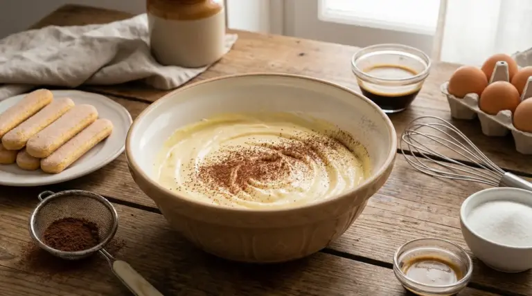 Ciotola con crema al mascarpone per tiramisù su tavolo rustico con ingredienti intorno