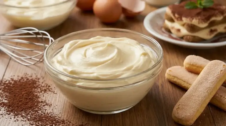 Ciotola di crema al mascarpone con ingredienti per tiramisù su tavolo di legno