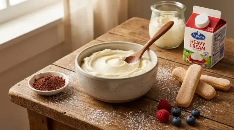 Ciotola di crema al mascarpone senza uova con savoiardi, cacao e frutti di bosco su tavolo di legno