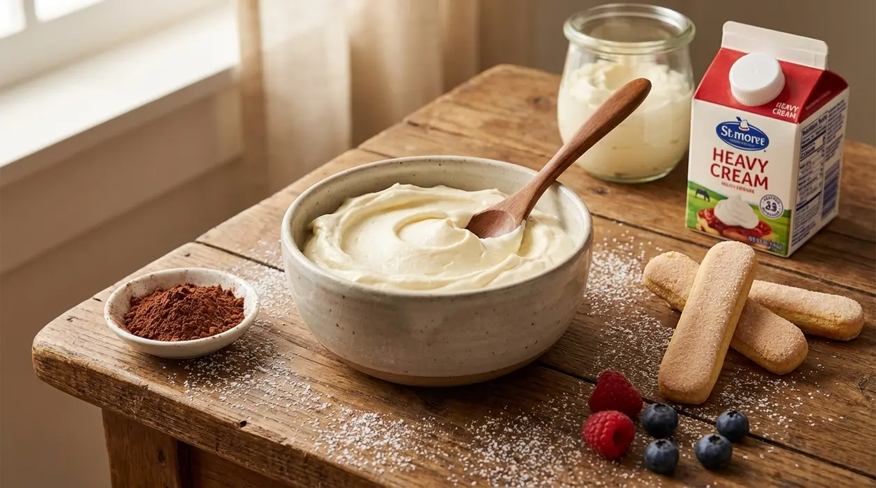 Ciotola di crema al mascarpone senza uova con savoiardi, cacao e frutti di bosco su tavolo di legno