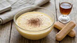 Ciotola di crema allo zabaione fredda con cacao, savoiardi e bicchierino di liquore su tavolo di legno