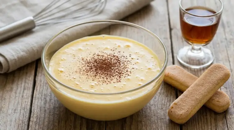 Ciotola di crema allo zabaione fredda con cacao, savoiardi e bicchierino di liquore su tavolo di legno