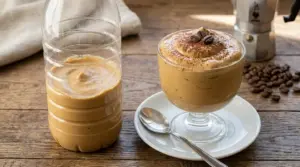 Crema caffè fatta in casa con il metodo della bottiglia, servita in coppa con cacao e chicchi di caffè