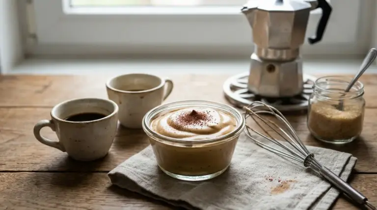 Crema caffè servita in una ciotola di vetro accanto a tazze di caffè e moka su un tavolo in legno