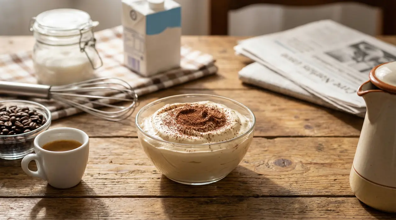 Ciotola di crema caffè con cacao in polvere, circondata da ingredienti su un tavolo rustico