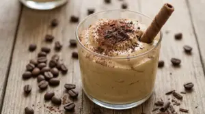 Bicchiere di crema caffè senza latte e senza panna, soffice e cremosa, con cacao e chicchi di caffè