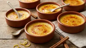 Ciotole di crema catalana con crosta caramellata servite su un tavolo rustico in legno