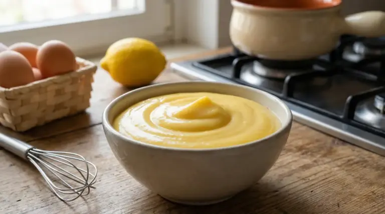 Ciotola di crema pasticcera densa su un tavolo da cucina con uova, limone e frusta