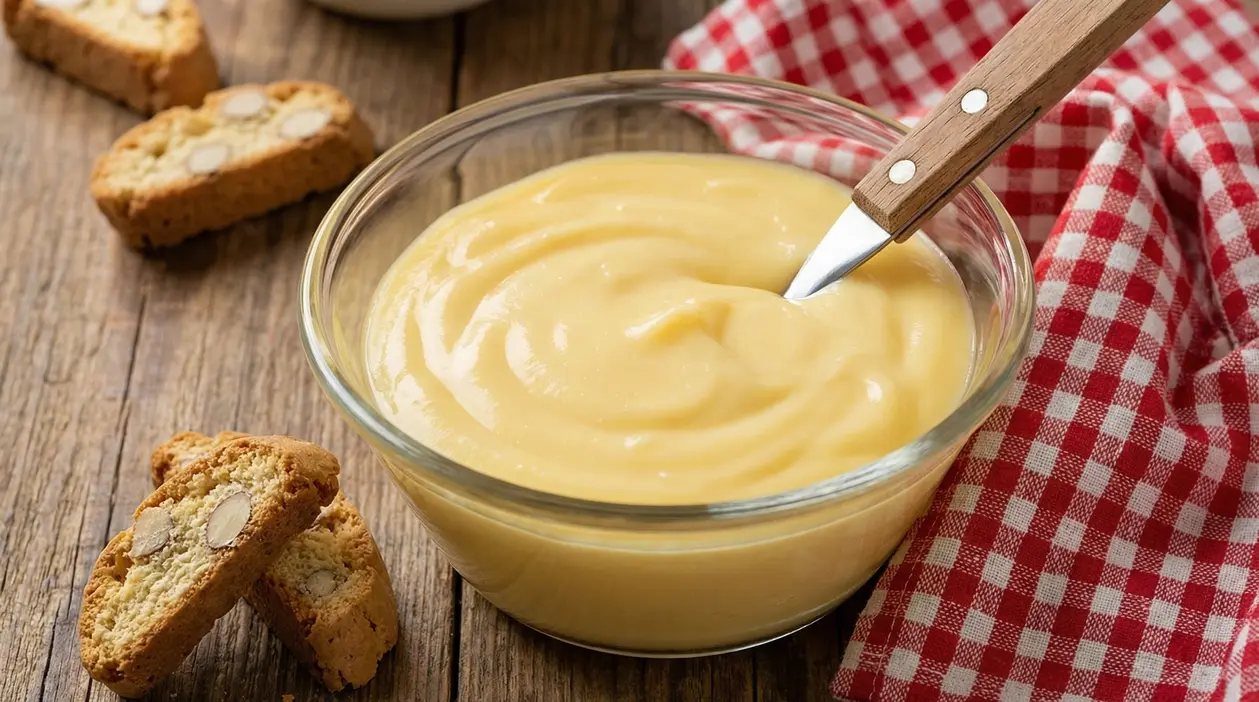 Ciotola di crema pasticcera fatta in casa con cucchiaino, servita su tavolo rustico con cantucci