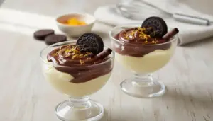 Coppe di crema con topping al cioccolato, biscotto e scaglie di agrumi su tavolo chiaro