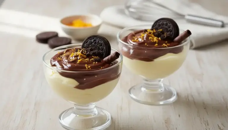 Coppe di crema con topping al cioccolato, biscotto e scaglie di agrumi su tavolo chiaro