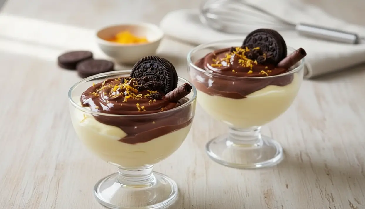 Coppe di crema con topping al cioccolato, biscotto e scaglie di agrumi su tavolo chiaro