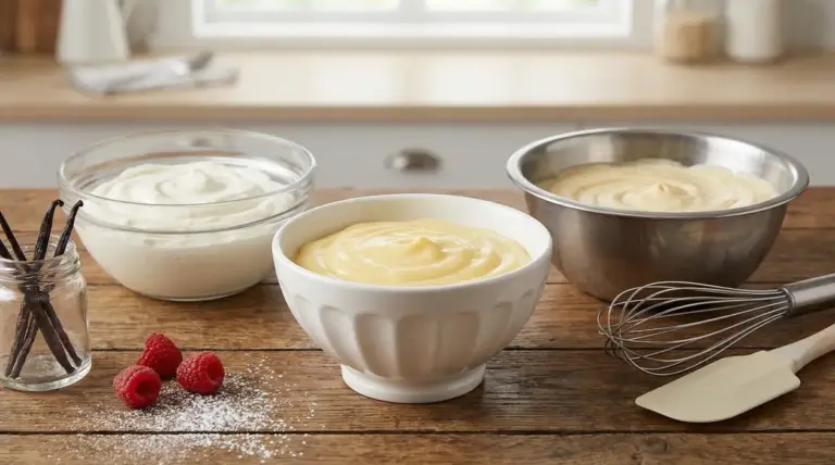 Ciotole con creme per dolci su un tavolo di legno accanto a vaniglia, lamponi, frusta e spatola