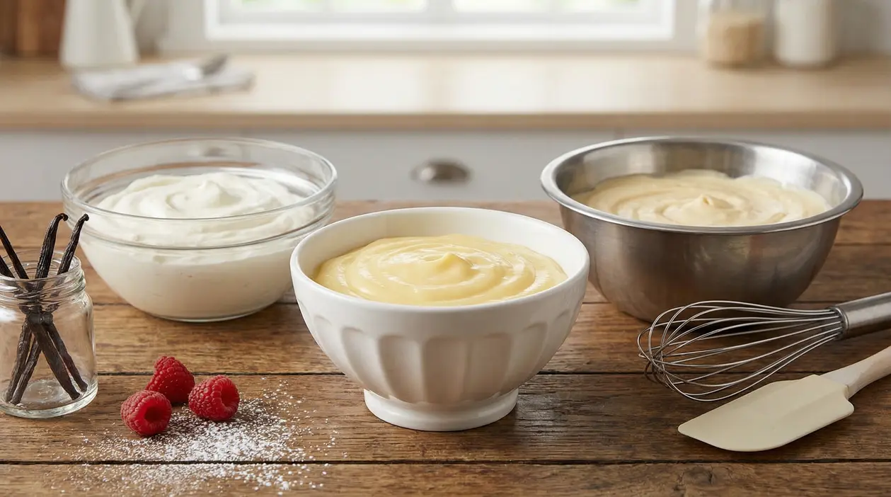 Ciotole con creme per dolci su un tavolo di legno accanto a vaniglia, lamponi, frusta e spatola