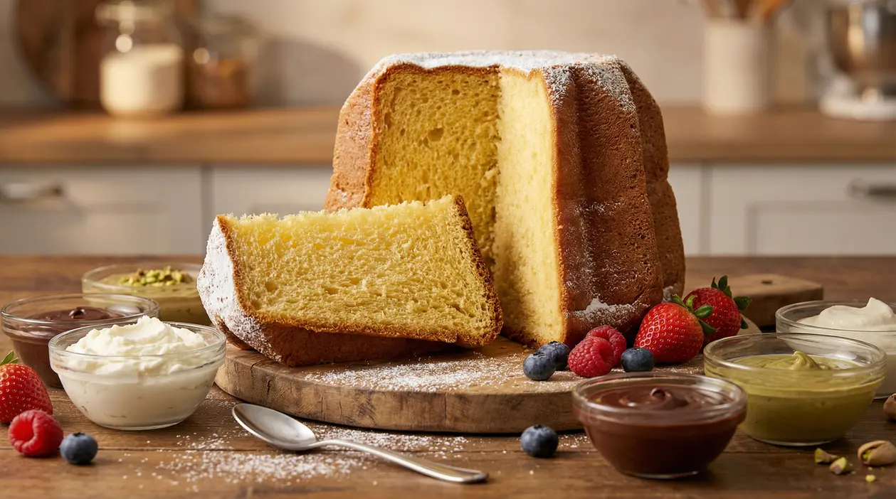 Pandoro tagliato con creme di diversi gusti e frutta fresca su un tavolo di cucina