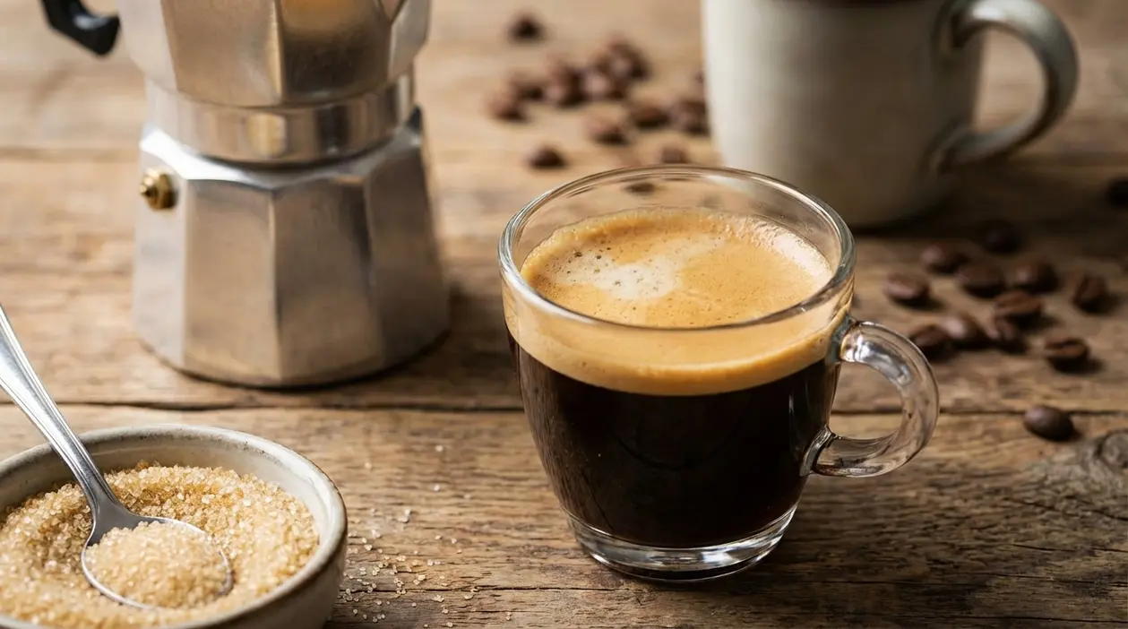 Tazzina di caffè con cremina su tavolo rustico accanto a moka, zucchero di canna e chicchi di caffè