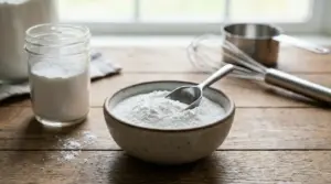 Ciotola di cremor tartaro in polvere con cucchiaio su un tavolo di legno