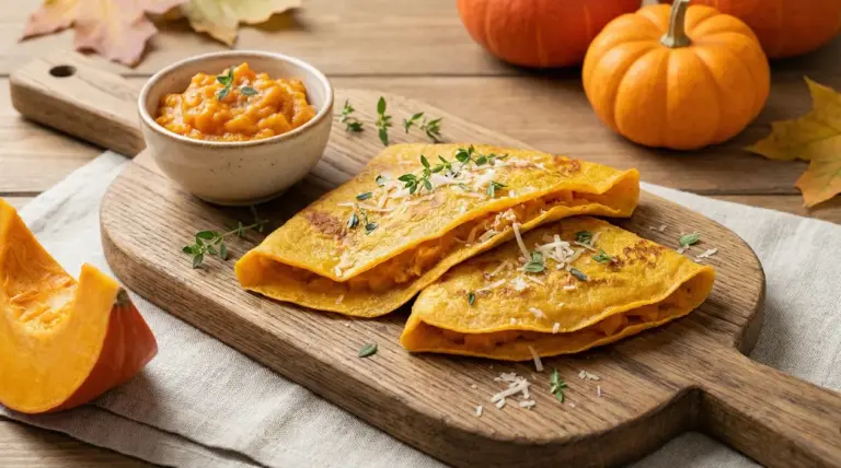 Crepes alla zucca servite su un tagliere di legno con crema di zucca e decorazioni autunnali