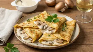 Crepes salate ripiene di funghi e besciamella su un piatto, guarnite con erbe aromatiche.