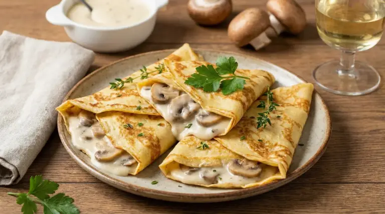 Crepes salate ripiene di funghi e besciamella su un piatto, guarnite con erbe aromatiche.
