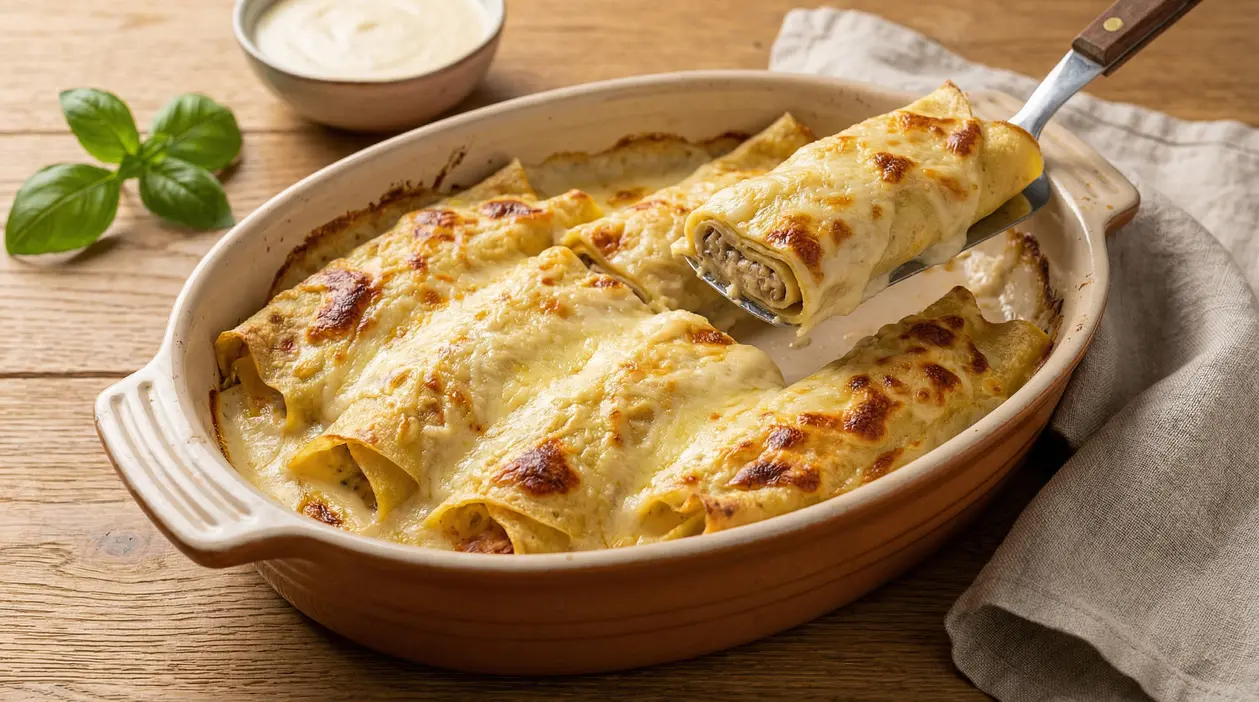 Crespelle al forno farcite e gratinate in teglia su tavolo rustico