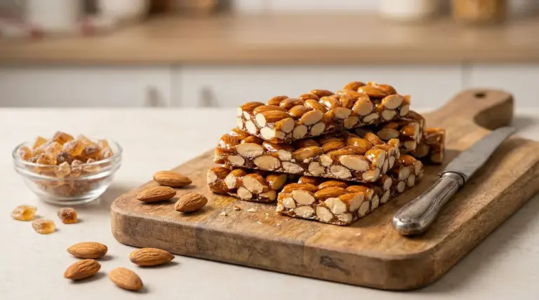 Barrette di croccante alle mandorle su tagliere in legno con coltello e ingredienti vicini