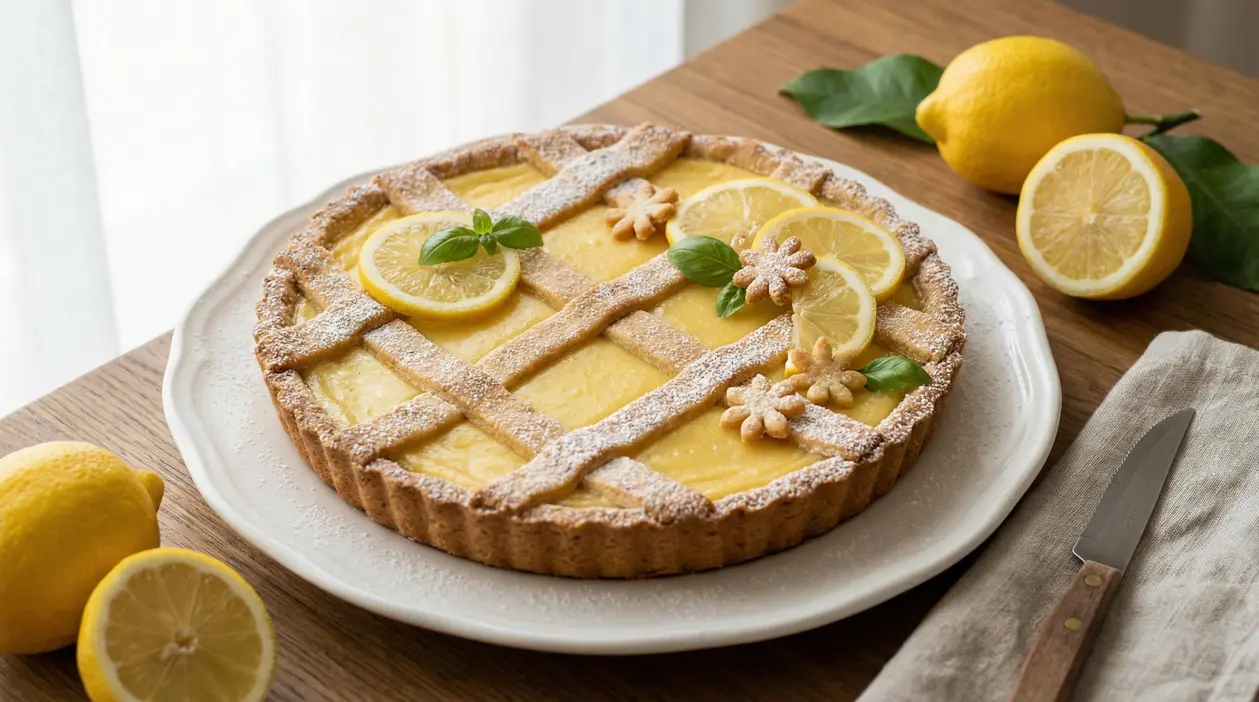 Crostata al limone decorata con fette di limone, zucchero a velo e foglie di basilico su un piatto bianco.