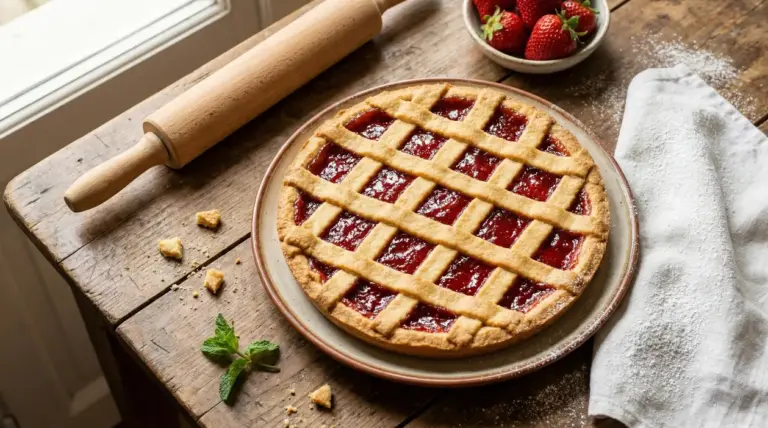 Crostata alla marmellata su un tavolo rustico con mattarello e fragole