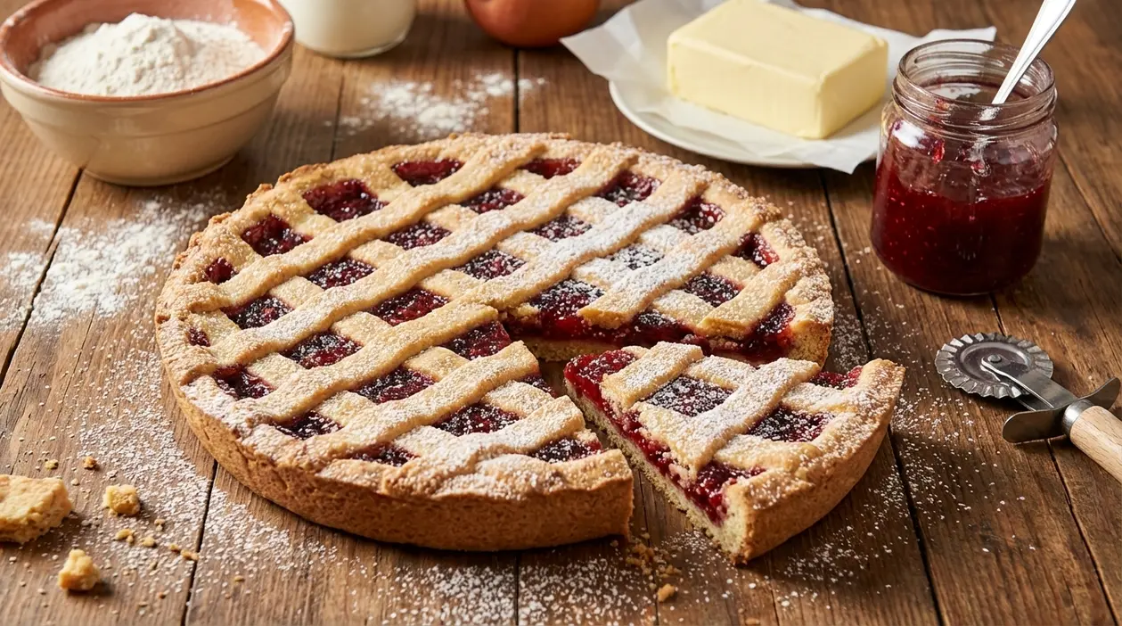 Crostata di marmellata con griglia di pasta frolla, fetta tagliata e zucchero a velo su tavolo rustico