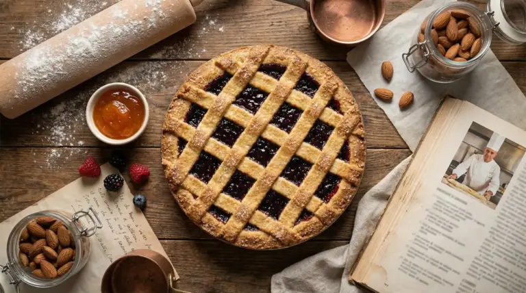 Crostata alla marmellata su tavolo rustico con ingredienti e libro di ricette aperto