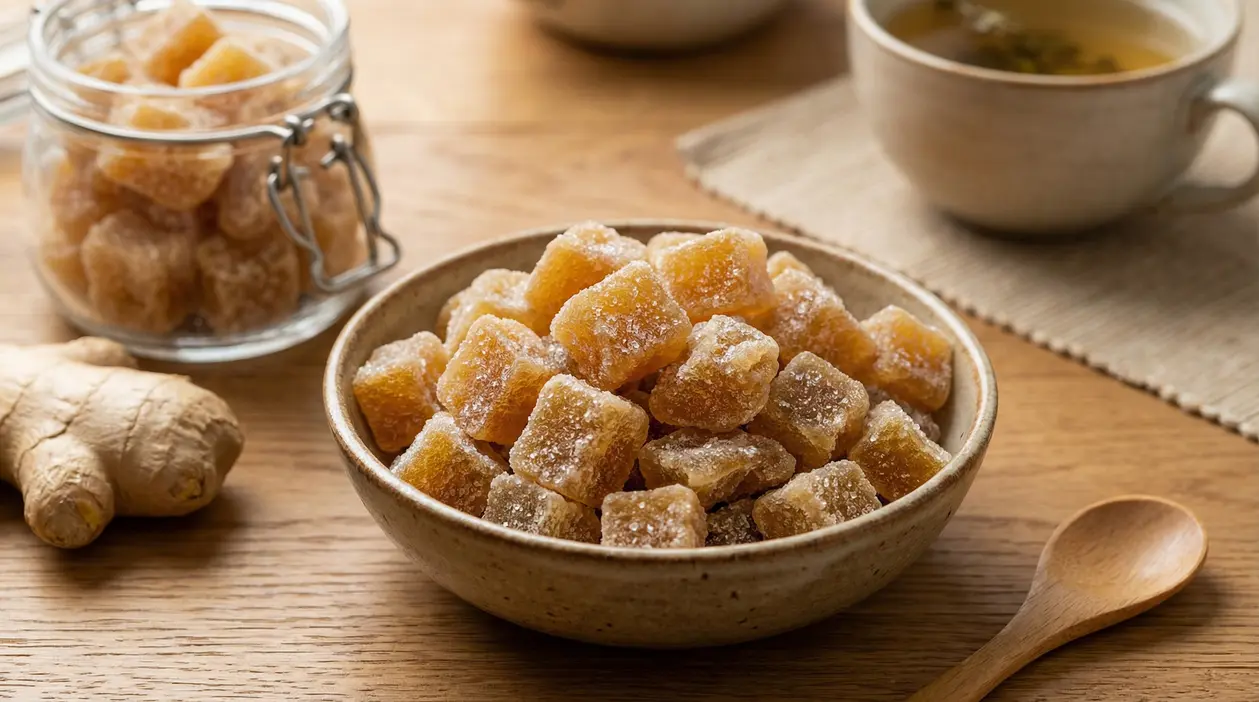 Ciotola di cubetti di zenzero candito con radice fresca e tè sullo sfondo