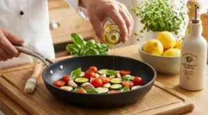 Una persona versa olio d'oliva su verdure fresche in una padella antiaderente